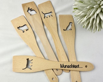 Animals spatula wood with desired text wooden spoon cooking spoon with engraving laser customizable item, dog, cat, cow, bird, hedgehog