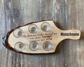 Shot board made of alder wood, with bark, with 6 shot glasses, shot glass with desired text / with engraving / personalizable shots short party