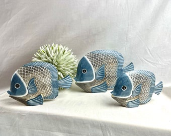 Wooden fish, in three sizes, fish, in shabby look, maritime decoration, wooden fish, garden decoration, decoration, sea fish, blue grey mud M