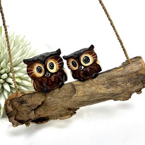 Owl wind chime / mobile on wood, owls with driftwood, lovers, wedding gift, owl, wooden owl, wooden owls