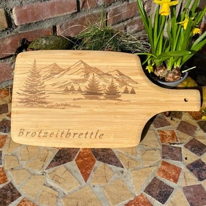 Brotzeitbrettl cutting board bamboo wood, with desired text, with engraving / customizable / mountain, snack, snack board, mountains, snack board