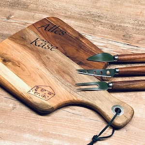 Cheese board acacia wood with desired text / motif incl. cheese cutlery / firewood / with engraving / laser / customizable article / cheese / wood