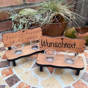 Schnapsbank Erlen-Holz, mit 2 Schnapsgläser Stamperl mit Gravur personalisierbar Wunschtext / Hochzeit / Verlobung / Einzug / Einweihung Wunschtext