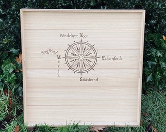 XXL Tablett/ Serviertablett Holz / Unikat / Kompass / personalisierbar/ Frühstückstablett/ Eckernförde