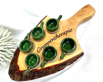 Alder wood schnapps board, with bark, with 6 pans / with engraving / personalizable / shots / short / party / shot glass