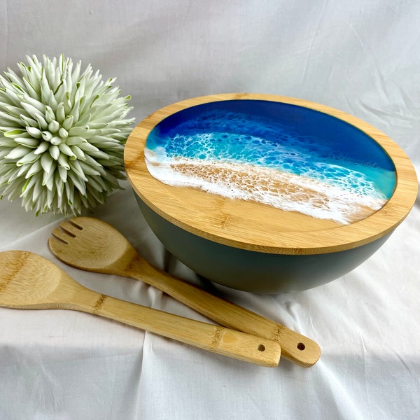 Salad Bowl Set Resin Salad Bowl Salad Cutlery Salad Bowl Bamboo Wood Unique Beach, Sea, Waves, Epoxy Resin, Resin, Waves, Epoxy,