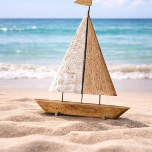 Velero de madera de mango, marrón y blanco, velero, pieza única, hecho a mano, decoración de barco de madera, decoración náutica, vela, barco