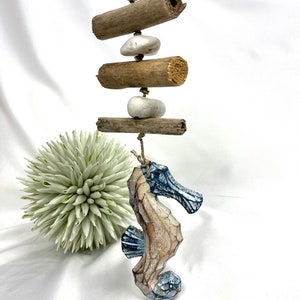 Seahorse wind chime, on a rope with driftwood, beach find, mobile, maritime decoration, garden decoration
