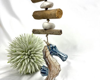 Seahorse wind chime, on a rope with driftwood, flotsam, mobile, maritime decoration, garden decoration