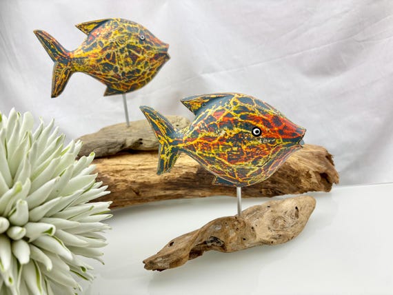 Colorful Fish on Driftwood, Wooden Fish, Sandpipers, Seagulls