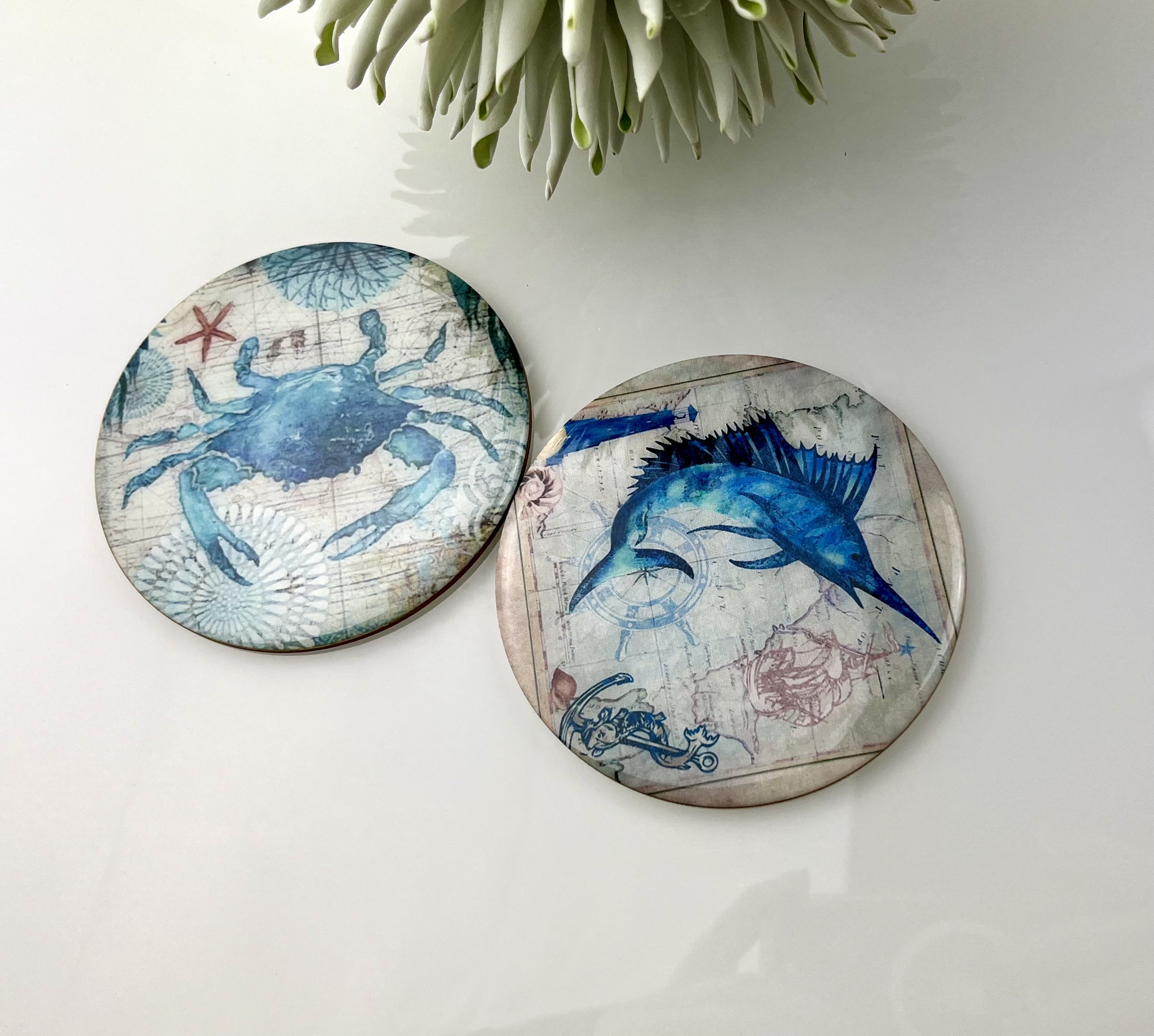 2 Pc Set Crab/swordfish, Fish Resin Coasters, Made of Wood/glass ...