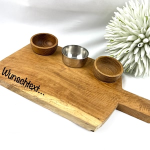 Schneidebrett mit Tapas-Schälchen aus Mango-Holz und Edelstahl mit Wunschtext personalisierbar Schälchen für Salz Pfeffer Gewürze Oliven etz