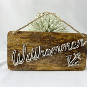 Sign &quot;Welcome&quot; L 25 cm Mango Wood Metal Silver Wooden Sign Decoration Handmade Maritime Decoration Picture Unique Entrance Sign
