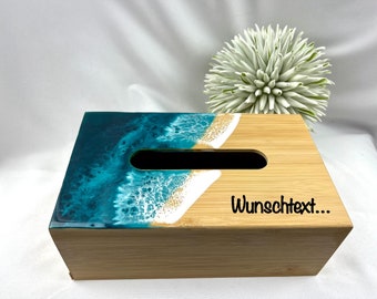 Resin tissue box made of bamboo wood/unique/laser/beach, sea, waves, epoxy resin, resin, waves, epoxy, colds, health, sneeze