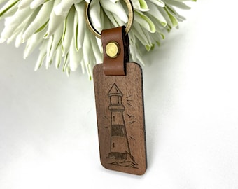Keychain lighthouse wood with desired text, personalizable