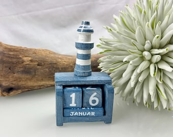 Lighthouse wooden calendar, shabby chic look, sustainable, perpetual cube calendar, wooden desk calendar, blue, white