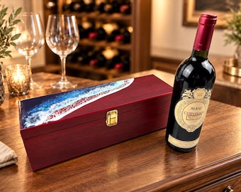 Scatola portabottiglie in legno con decorazione a onda marina in resina epossidica e accessori per il vino – Confezione regalo rosso Bordeaux per gli amanti del vino