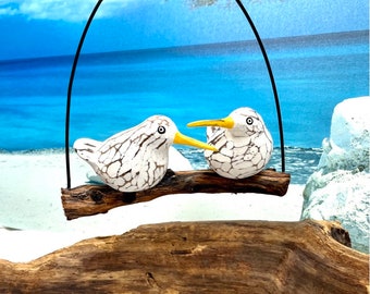 Pair of seagulls wind chime / mobile on wood in metal arch, seagulls, sandpipers, seagulls with driftwood, lovers, wedding gift