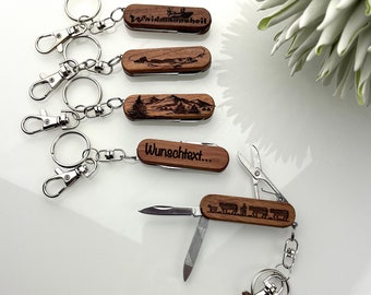 Pocket knife keychain, folding knife with custom engraving, handmade knife with wooden handle, wood, personalized, small knife, scissors