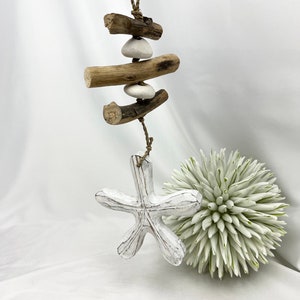 Starfish wind chime, on a rope with driftwood, flotsam, mobile, maritime decoration, garden decoration