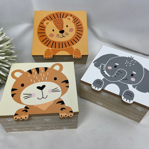 Boîte de rangement pour enfant avec couvercle, bois MDF, éléphant, tigre, lion, bijoux, boîte à bijoux, coffret en bois, coffre au trésor, chambre d'enfant