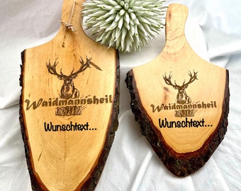 Weidmannsheil Schneidebrett mit Rinde und Griff Erlen-Holz (100% FSC)  personalisierbar, Jausenbrett, Hirsch, Geweih, Wunschtext