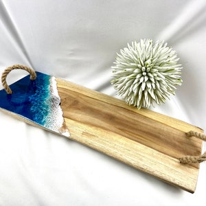 Harsbakje met touw/mangohouten handvatten/uniek/laser/strand, zee, golven, epoxyhars, hars, golven, epoxy, ontbijtbakje