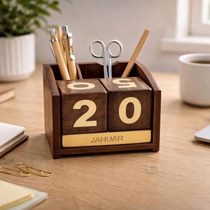 Elegant desk calendar, mango wood/brass, pen holder, cube calendar, perpetual desk calendar, desk organizer, office organizer