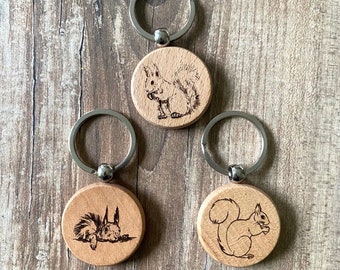 Squirrel wooden keychain with desired text, personalizable