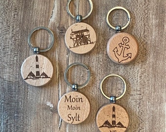 Schlüsselanhänger Moin Sylt, Anker, Leuchturm, Pfahlbau SPO, Nordsee aus Holz mit Wunschtext, personalisierbar