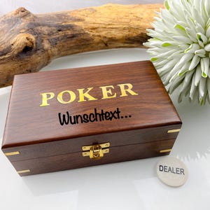 Pokerspel in mangohouten kist, messing beslag, hoogwaardige vintage, aanpasbare houten pokerchipset, speldoos, 2 speelkaartensets