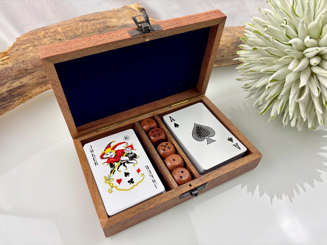 Playing Card Box With 2 Decks of Cards and 5 Wooden Dice. Mango Wood ...