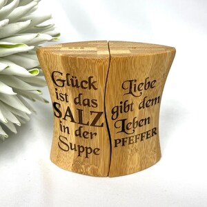 SET Salz u. Pfefferstreuer Westmark Tapas Friends Bambus-Holz Wunschgravur Liebe Hochzeitsgeschenk Verlobung Salz und Pfeffer Glück Bild 2