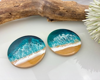 Resin coaster set, made of bamboo wood/glass coasters/unique item/beach, sea, waves, epoxy resin, resin, waves, epoxy, drinking, green
