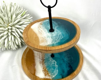 Resin cake stand made of bamboo wood/unique/laser/beach, sea, waves, epoxy resin, resin, waves, epoxy,