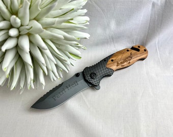 Petri Heil folding knife with engraving, handmade knives, pocket knife with wooden handle, angler, fishing, trout, fish, wood, personalized