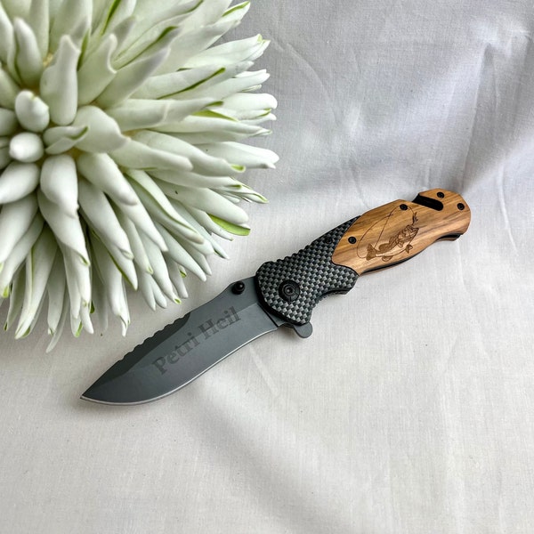 Petri Heil folding knife with engraving, handmade knives, pocket knife with wooden handle, angler, fishing, trout, fish, wood, personalized