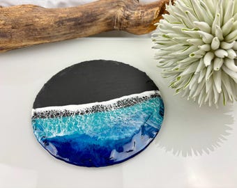 Slate serving platter with resin / Unique piece / Beach, sea, waves, epoxy resin, resin, waves, epoxy, cheese, sushi, tapas serving tray, blue