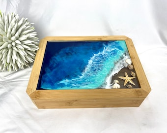 Large resin jewelry box / bamboo wood / unique piece, beach, sea, waves, epoxy resin, resin, waves, epoxy, jewelry, storage, box