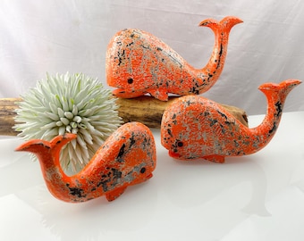 Wooden whale, orange, in three sizes, fish, wooden decoration, maritime decoration, wooden fish, garden decoration, decoration, beach, sea, blue whale, humpback whale