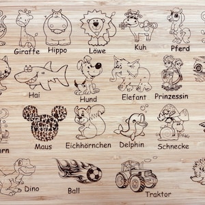 Children&#39;s breakfast board with different motifs/bamboo wood, with desired name/engraving/giraffe, monkey, car, dog, horse, unicorn, tractor