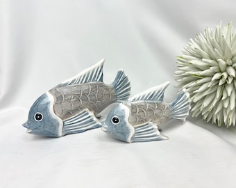 Wooden fish, blue gray, in two sizes, wooden decoration, maritime decoration, wooden fish, garden decoration, decoration, beach, sea, driftwood