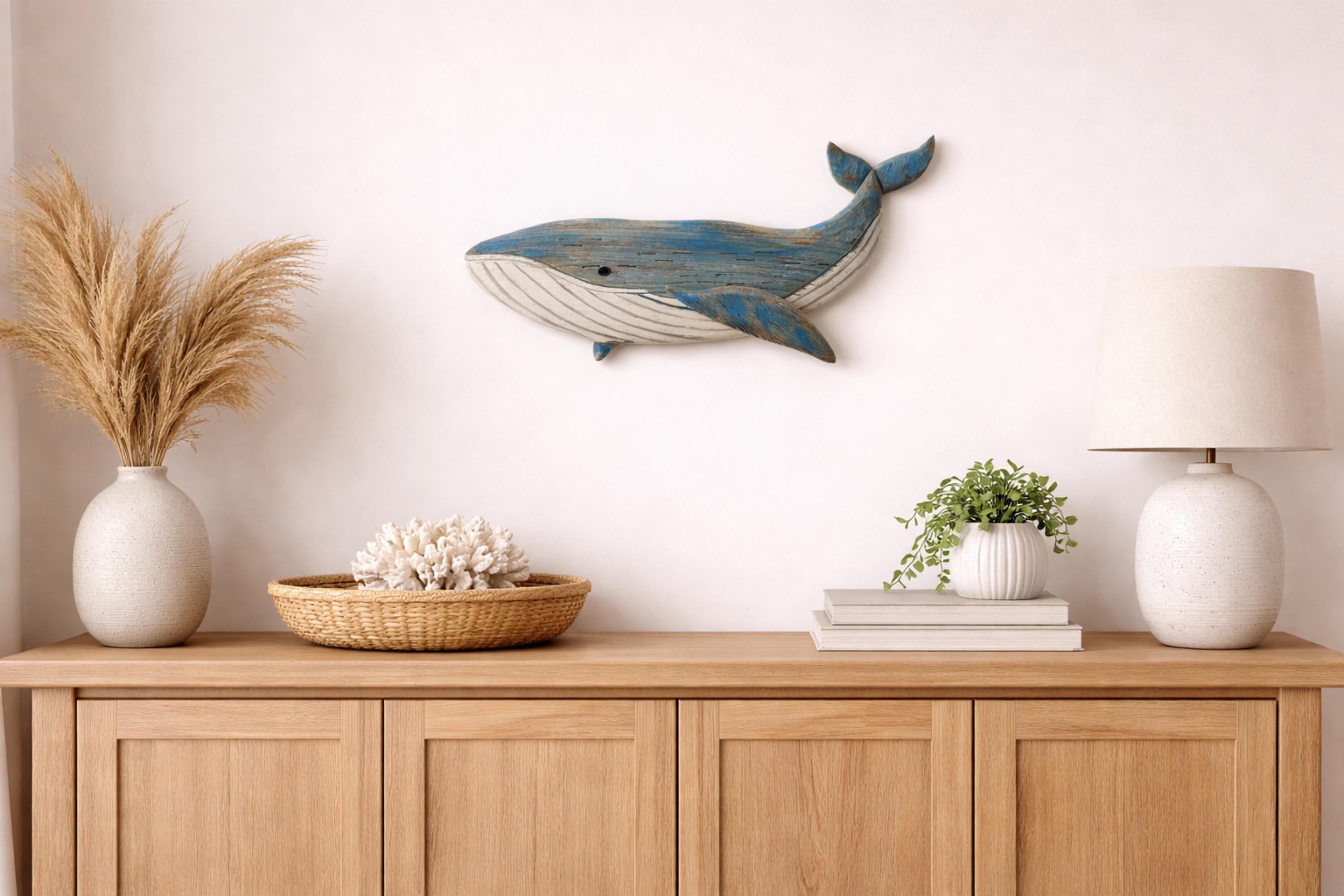 Wooden Whale Wall Art in Shabby Chic Style, Maritime Decor, Wooden Fish
