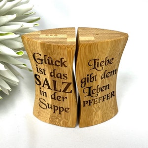 SET Salt and Pepper Shakers Westmark &quot;Tapas + Friends&quot; Bamboo Wood Engraving Love Wedding Gift Engagement Salt and Pepper Luck