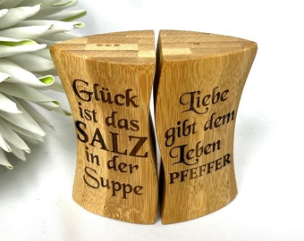 SET Salz- u. Pfefferstreuer Westmark "Tapas + Friends" Bambus-Holz Wunschgravur Liebe Hochzeitsgeschenk Verlobung  Salz und Pfeffer Glück