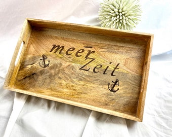 MeerZeit Mango Wood Serving Tray with Compass Rose and Anchor, Unique Firewood Design, Breakfast Tray, Personalizable, Wooden Tray