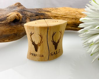 Hirschkopf SET Salz- u. Pfefferstreuer Tapas Friends "Tapas + Friends" Bambus-Holz, Wunschgravur, Jäger, Jagt, Wild, Hirsch, Geweih, Reh