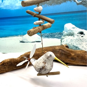 Seagull wind chime with moving feathers as tail, fluttering gull, sandpiper, seagulls on a rope with driftwood, propeller, seagull,