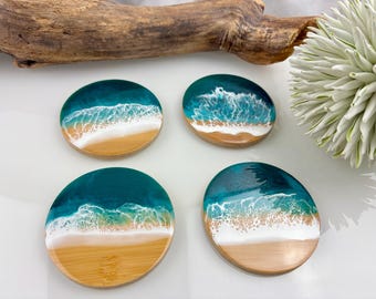 Resin coaster made of bamboo wood / Glass coaster / Unique piece / Laser-cut / Beach, sea, waves, epoxy resin, resin, waves, epoxy, drinking, green
