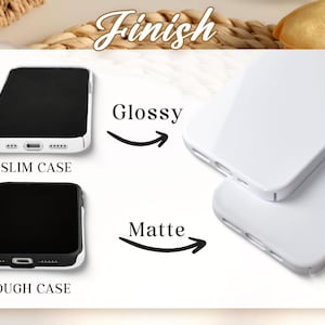 May include: Image showing phone cases with a black screen and white or black borders. The text indicates "Slim Case" and "Tough Case" options, with "Glossy" and "Matte" finishes. The cases are white and black.